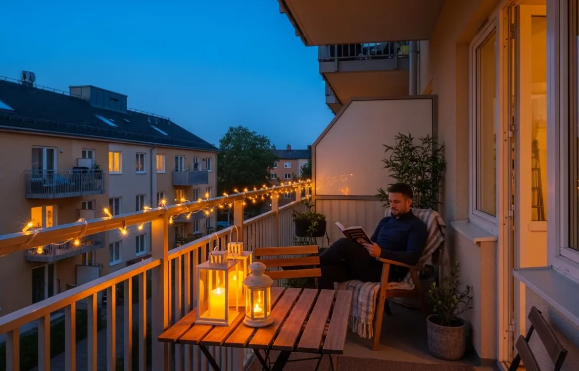 Cozy evening setup featuring warm apartment balcony lighting with string lights and lanterns on a small urban patio.