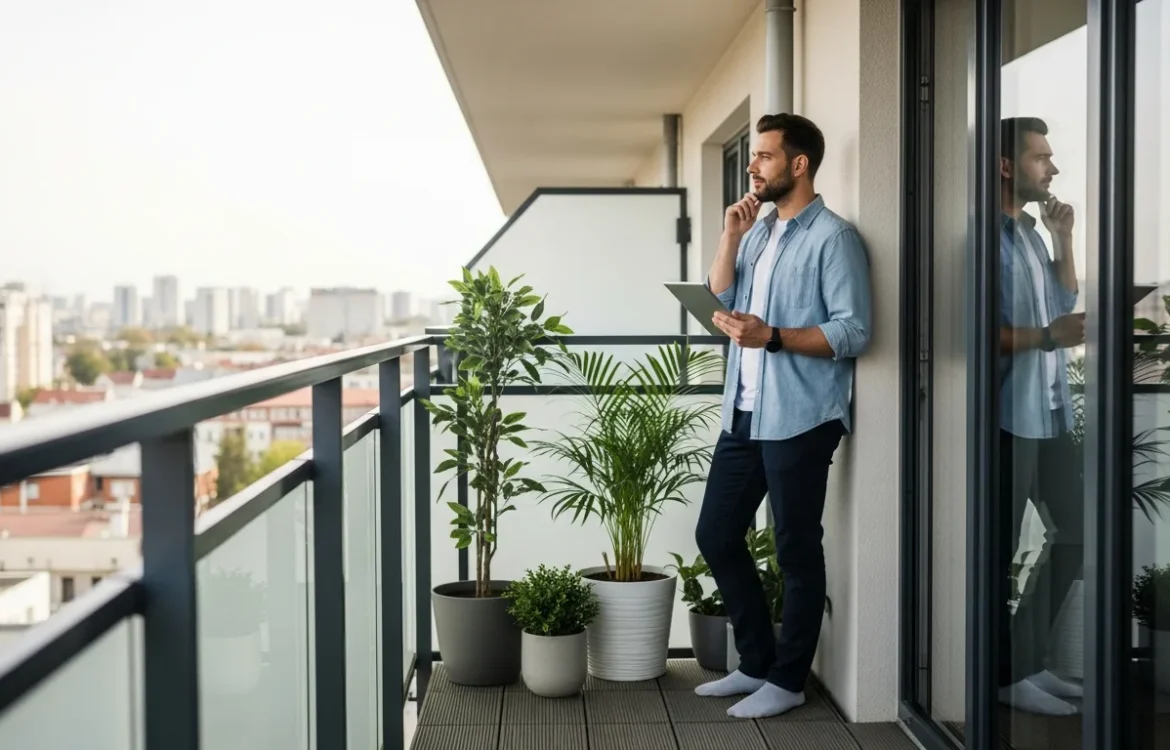 A man reviews apartment balcony rules you should check before decorating while standing on his city patio.
