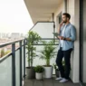 A man reviews apartment balcony rules you should check before decorating while standing on his city patio.