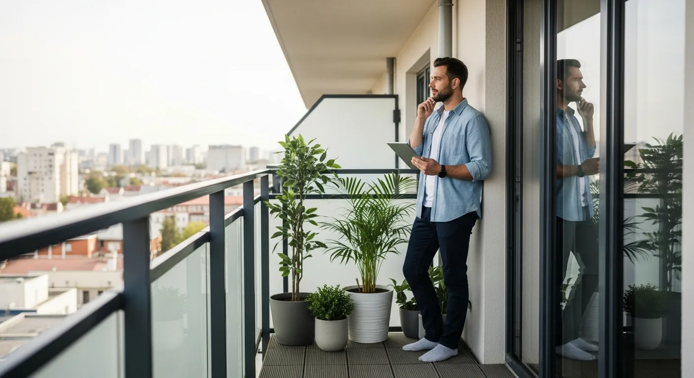 A man reviews apartment balcony rules you should check before decorating while standing on his city patio.