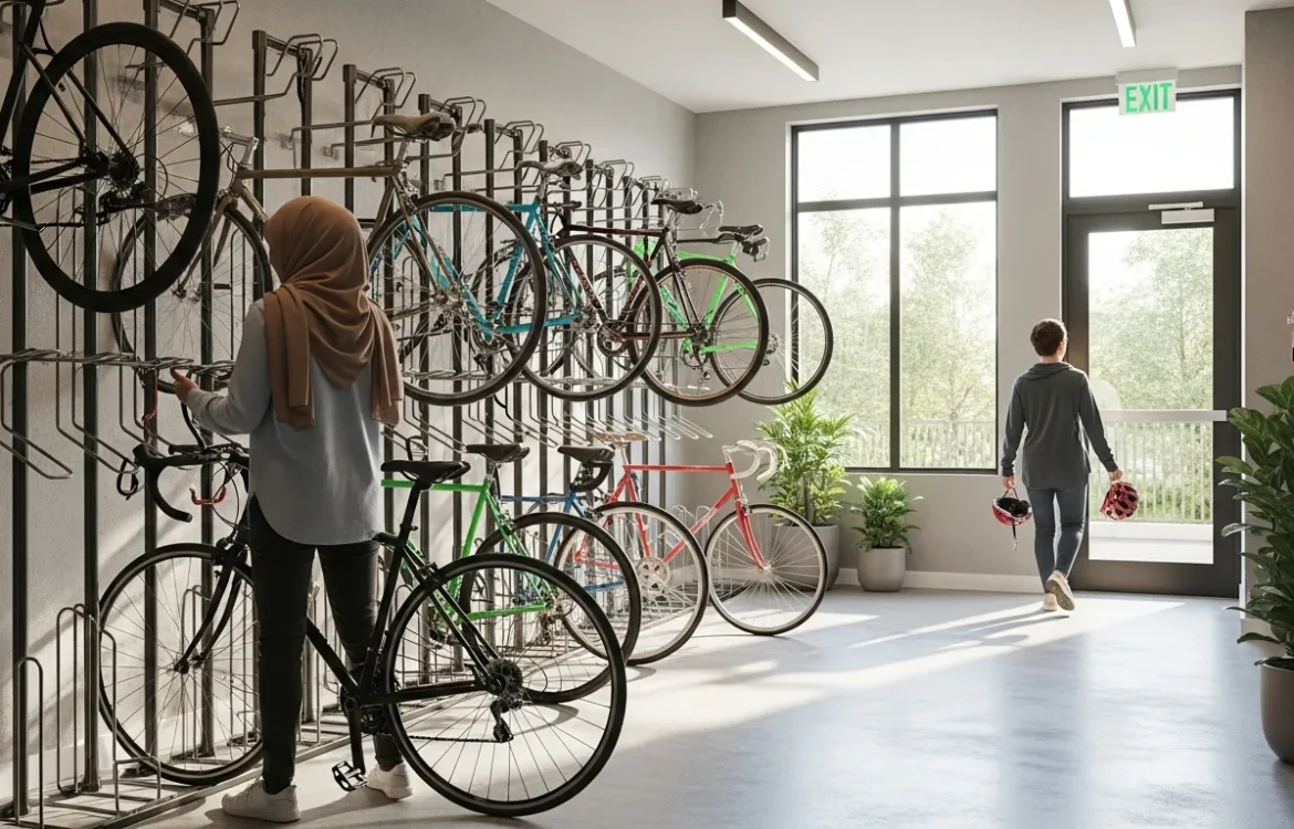 Residents in a modern apartment bike storage room with several bicycles on wall racks.