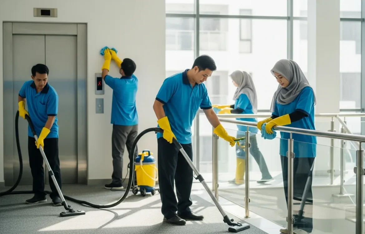 Team in blue uniforms provide apartment building cleaning services by vacuuming and wiping down a lobby hallway.