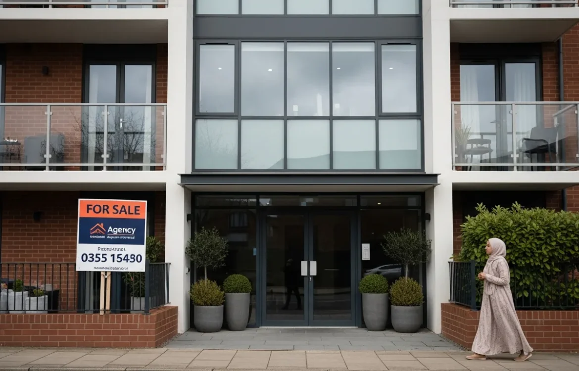 Modern apartment building for sale with a real estate sign and a person walking past the entrance.