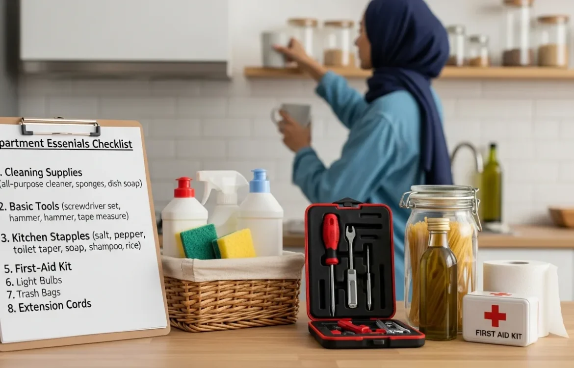 Apartment essentials list on a clipboard in a kitchen, surrounded by cleaning supplies, tools, and a first-aid kit.