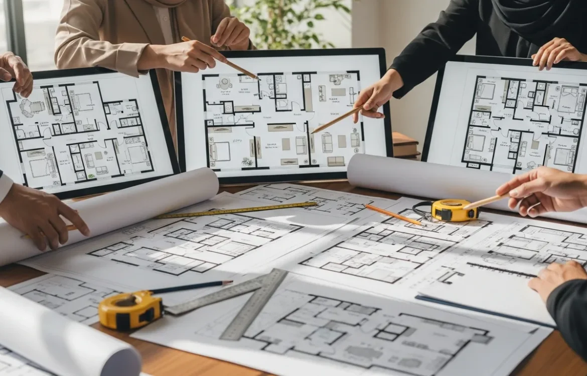 Designers reviewing several detailed apartment floor plans on digital screens and paper documents.