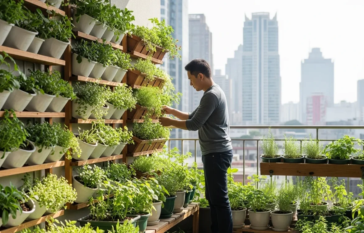 Lush apartment garden ideas featuring a man caring for herbs on a sunlit small balcony.