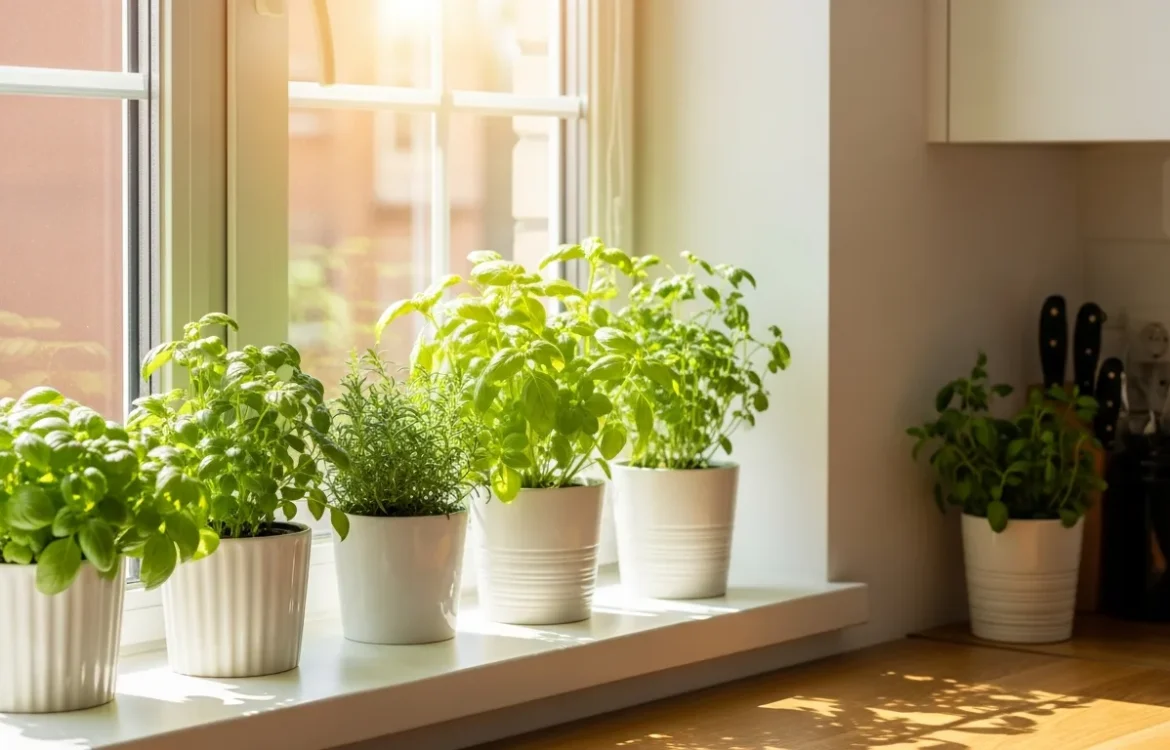 A lush apartment herb garden featuring fresh basil and rosemary in modern pots on a sunny windowsill.