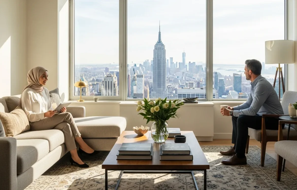 A woman and man talk in a sunlit apartment in New York featuring a stunning view of the Empire State Building.