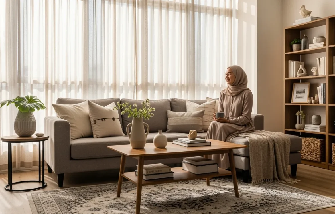 Modern apartment living room ideas featuring a gray sofa, wooden coffee table, and large bookshelf.