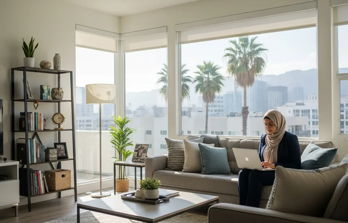 A woman in a hijab works on her laptop in a bright apartment Los Angeles with a panoramic city view.