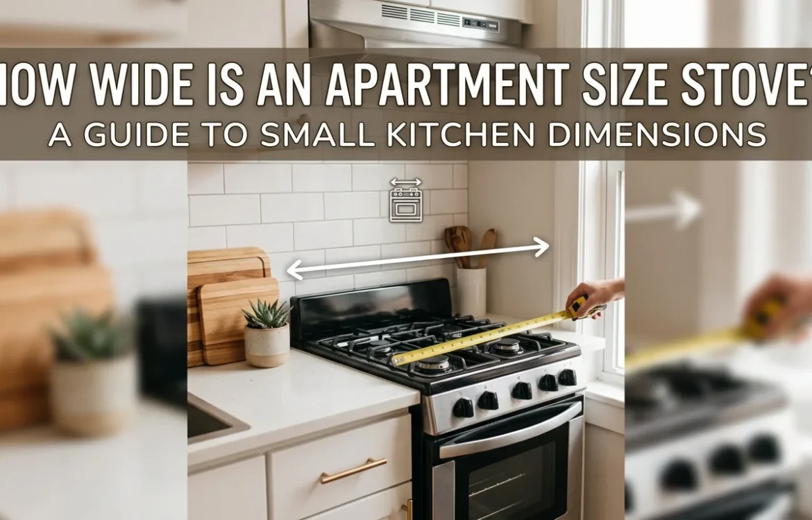 A feature image for small kitchens showing a modern apartment size stove tucked neatly into a light-filled space with open shelving and white subway tiles.