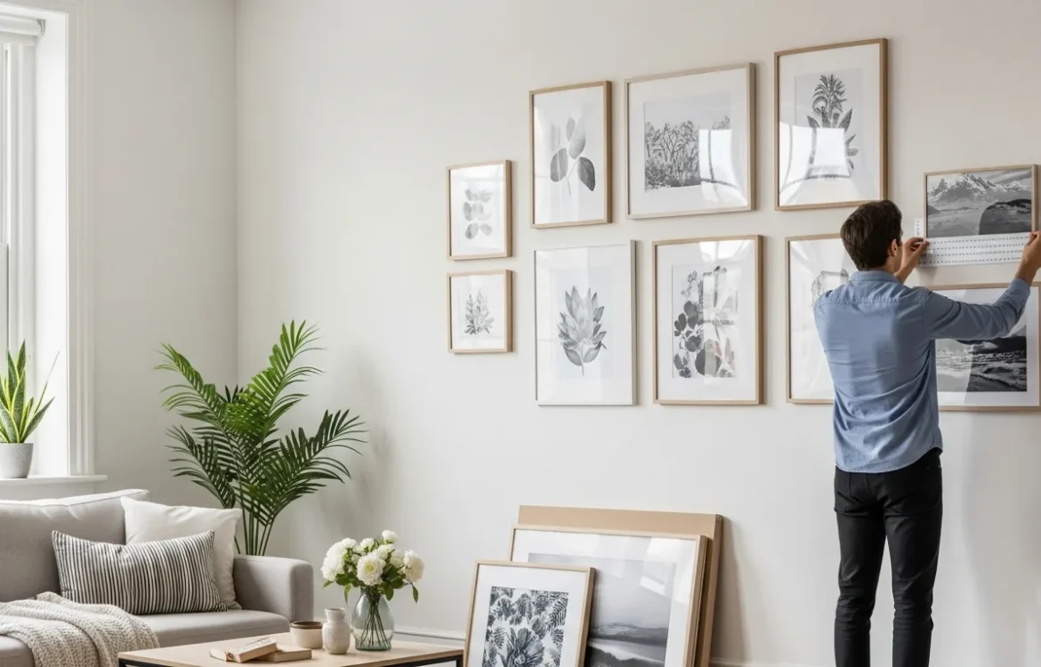 Stylish apartment wall art displayed in a modern living room using damage-free hanging methods.