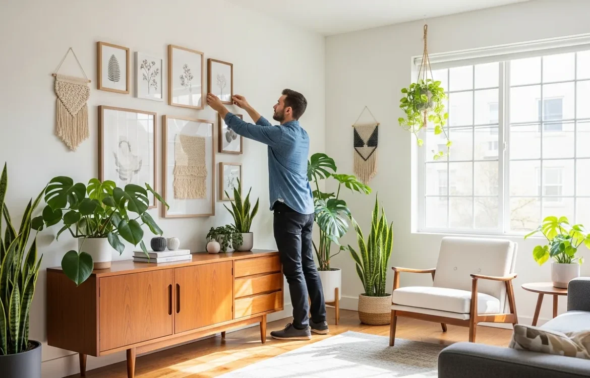 A stylish living room featuring creative apartment wall decor with framed art and floating shelves in a rental space.