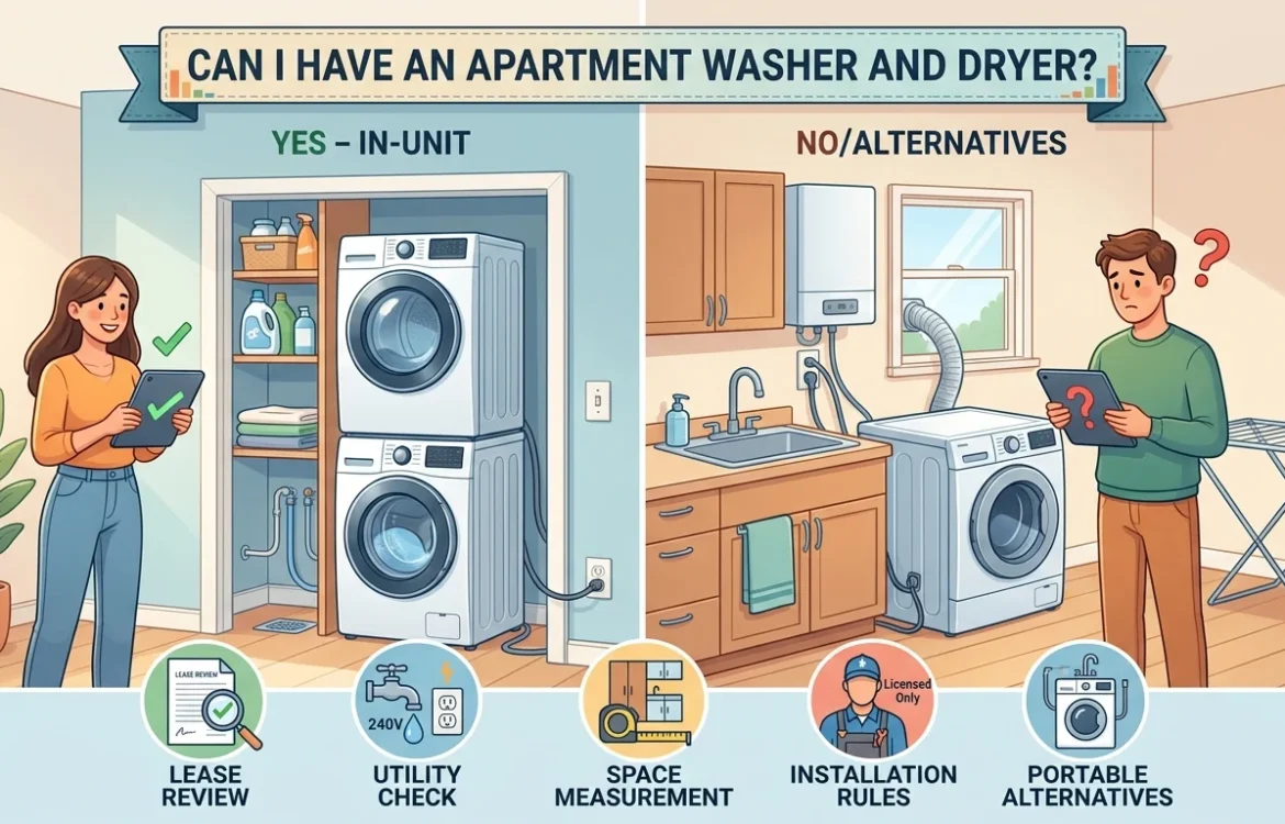 A realistic, wide-angle stock photo of a modern, compact apartment washer and dryer set neatly stacked inside a bright laundry closet with modest wooden shelving.