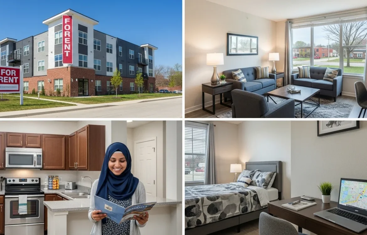 Modern apartments for rent akron: building exterior, living room, kitchen, and bedroom interiors.