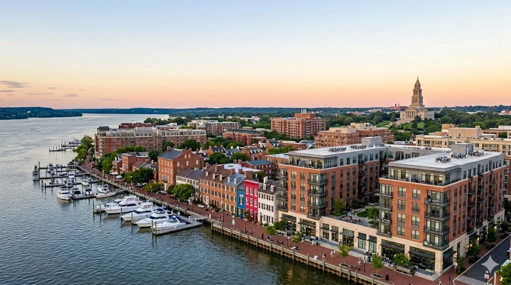 An elevated photograph of the Old Town Alexandria waterfront and marina at sunset, featuring colourful townhouses and modern residential complexes that offer apartments for rent alexandria va.