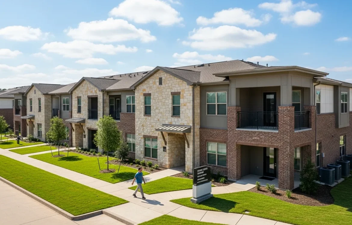 Modern exterior view of luxury apartments in Waller TX with professional landscaping and blue skies.