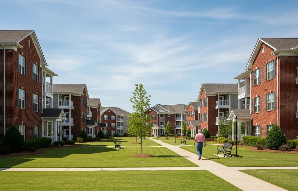 Modern apartments in Walls MS featuring brick exteriors and lush green landscaping under a bright sky.