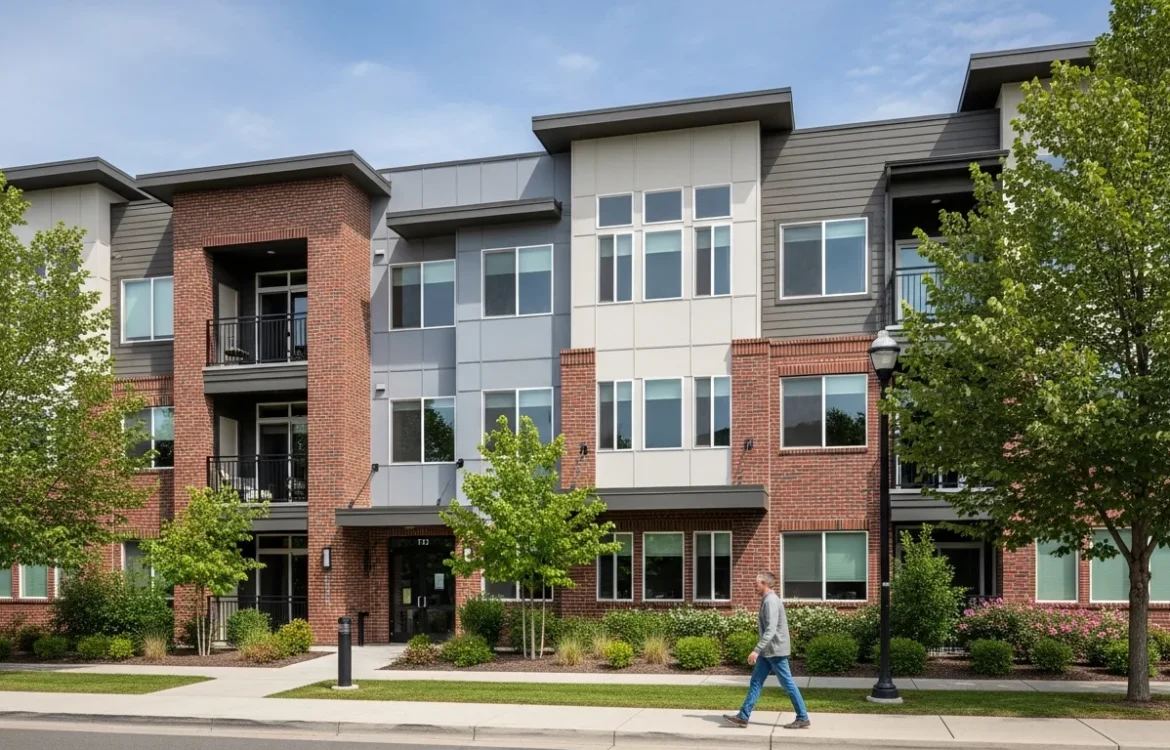 Exterior view of modern luxury apartments in Walla Walla during a sunny day.