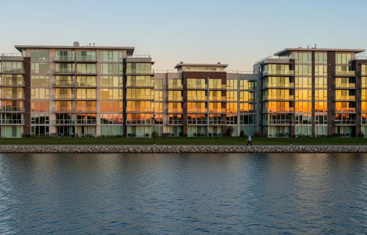 Modern luxury apartments Walled Lake MI with a view of the serene lake and lush green landscaping.