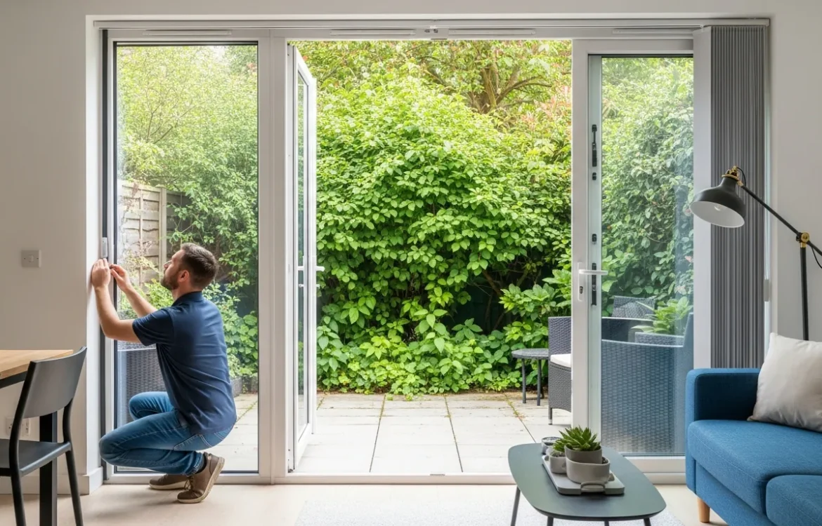 A man inspecting a window frame to see if are garden apartments prone to bugs in a ground-floor unit.