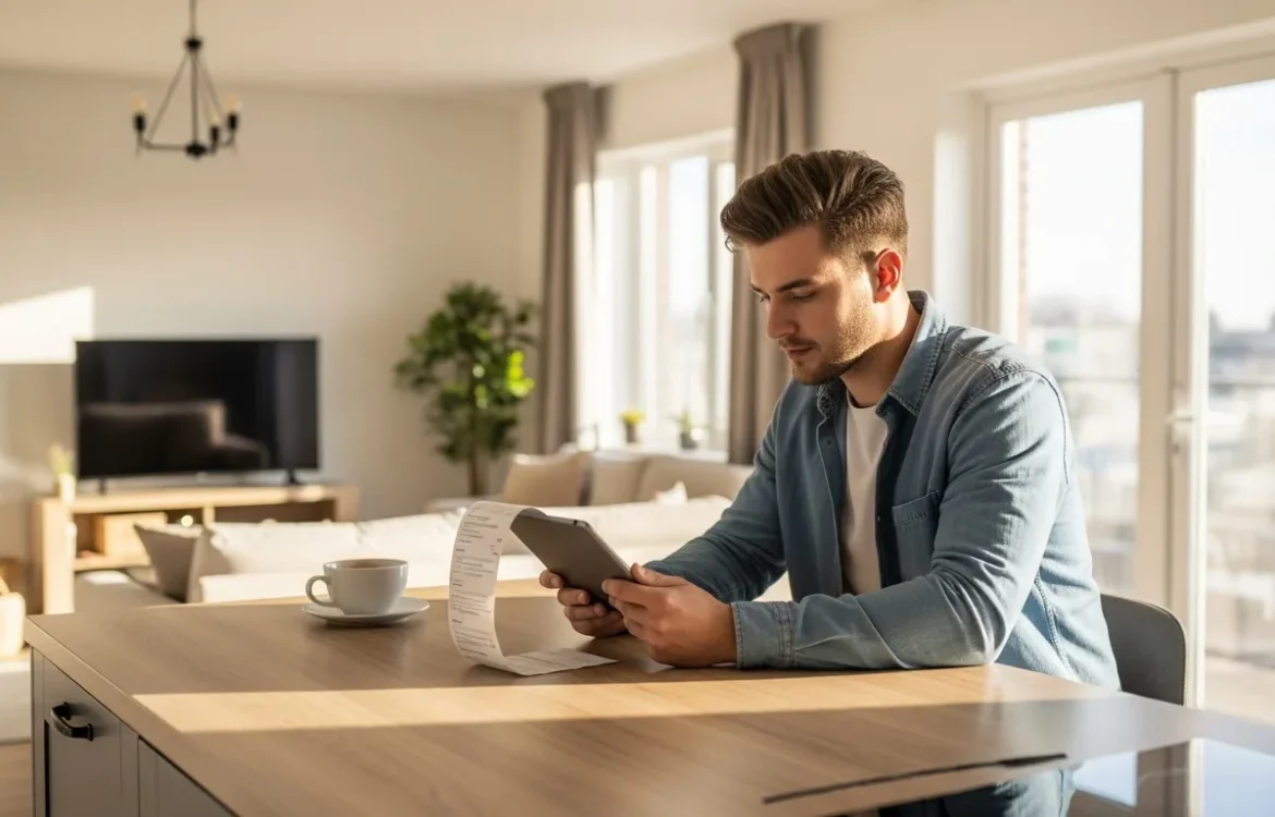 A man reviewing the average electric bill for 1 bedroom apartment on his tablet in a cozy, modern living room.