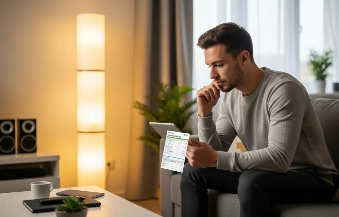A man reviewing the average light bill for a one bedroom apartment on a tablet in a modern living room.