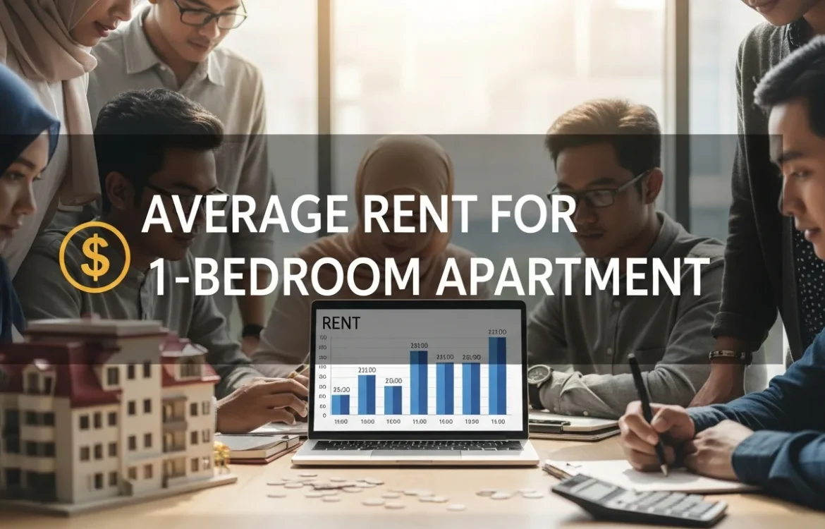 Group discussing average rent for 1 bedroom apartment data on a laptop, alongside a model building and calculator.