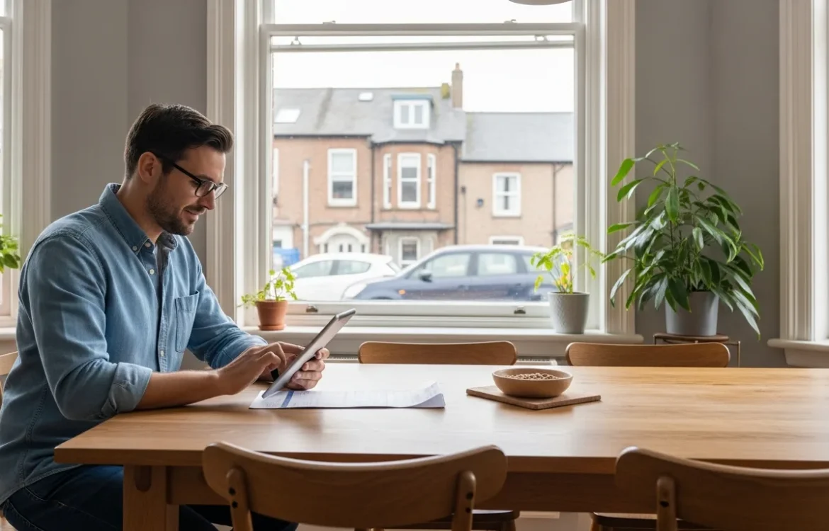 A man reviewing average utility costs for ground floor rentals on a tablet in a bright apartment.