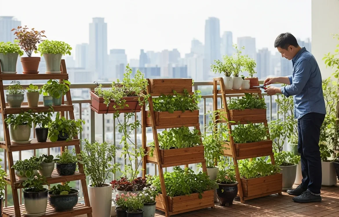 A lush balcony apartment garden featuring vibrant potted plants and herbs on a sunny urban terrace.