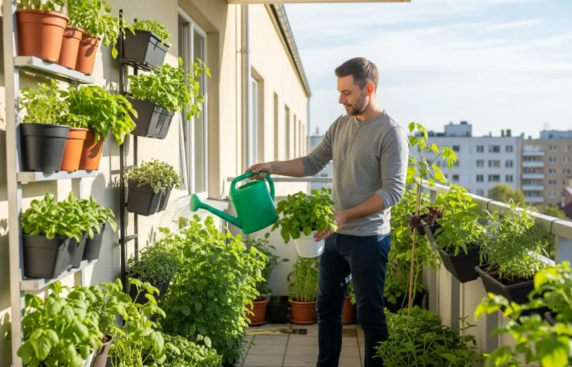 A man applying balcony vegetable gardening tips for renters to grow fresh tomatoes and herbs in small pots.