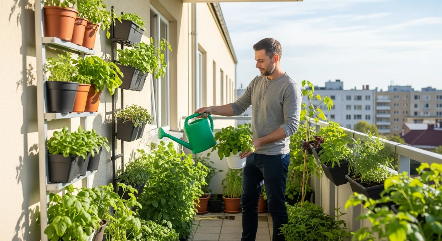 A man applying balcony vegetable gardening tips for renters to grow fresh tomatoes and herbs in small pots.