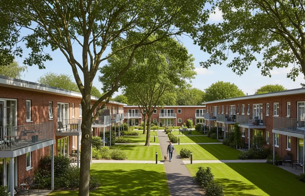 A serene courtyard view showing the benefits of living in a garden style apartment with lush greenery and low-rise homes.