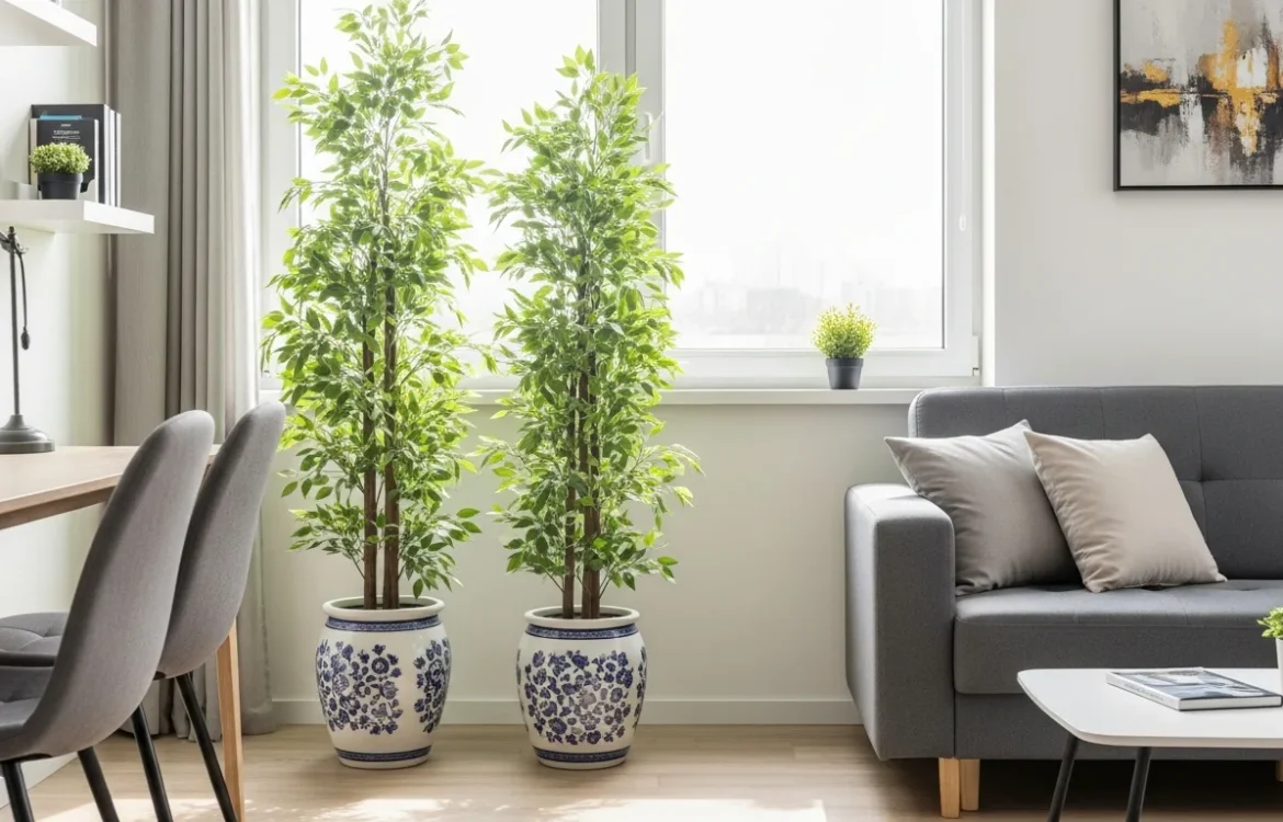 Lush greenery and the best indoor trees for small apartments in a sunlit, minimalist studio living room.