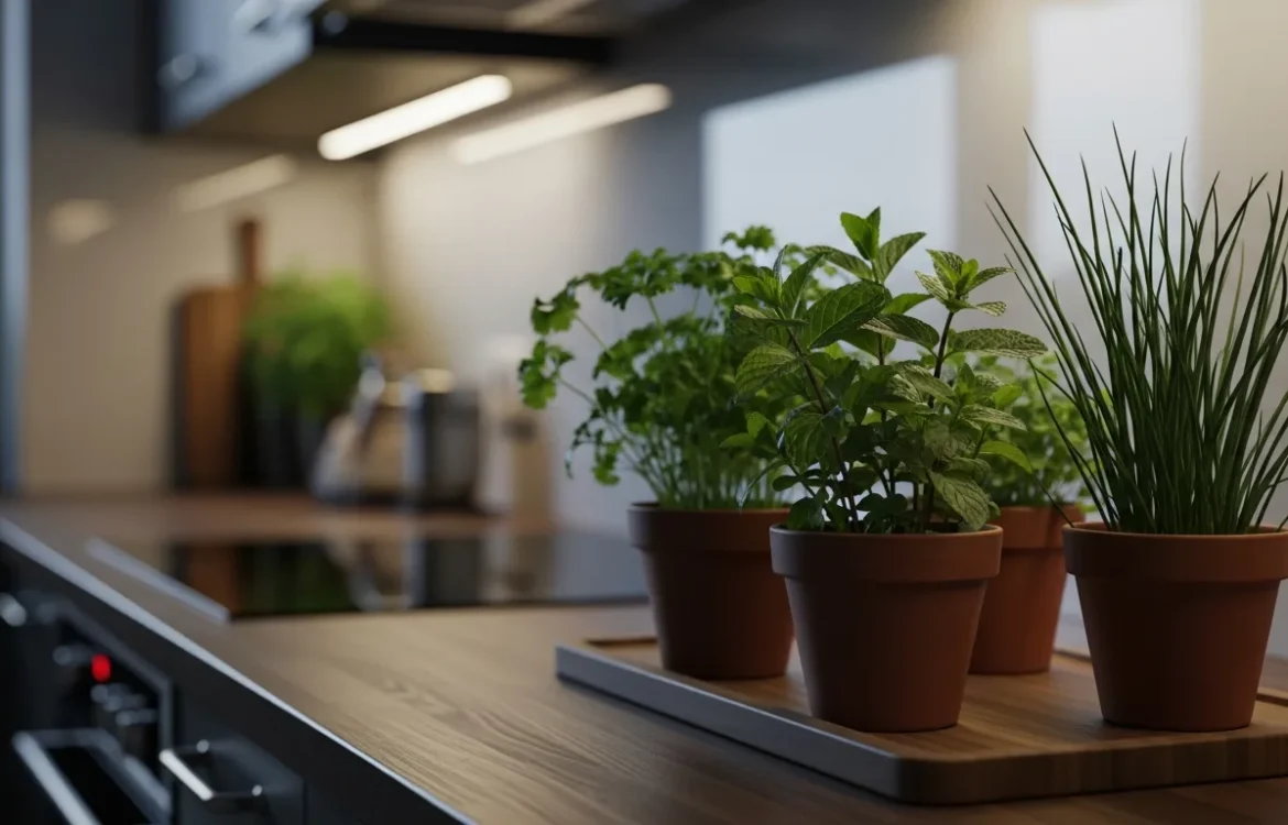 A collection of the best low light herbs for apartment kitchens sitting on a wooden countertop in a dim space.
