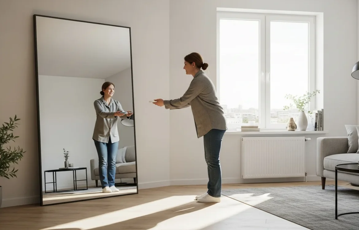 A bright living room utilizing the best mirrors to bounce light in dark apartments for a more spacious feel.