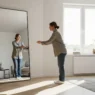 A bright living room utilizing the best mirrors to bounce light in dark apartments for a more spacious feel.