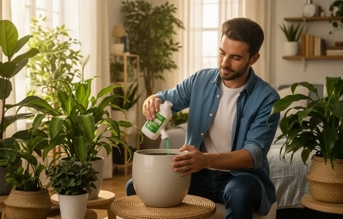 A man applying the best organic fertilizers for indoor apartment plants to a lush green potted monstera in a sunlit room.