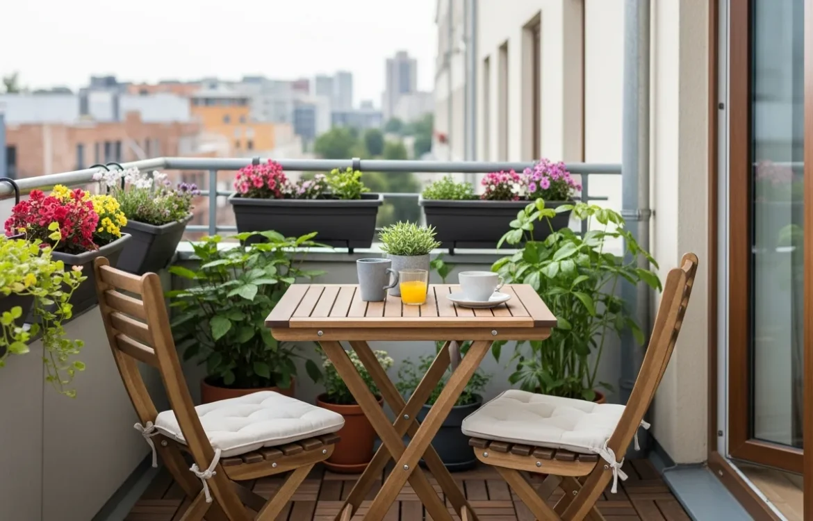 A compact bistro set showcasing the best outdoor furniture for small apartment balconies on a cozy urban terrace.