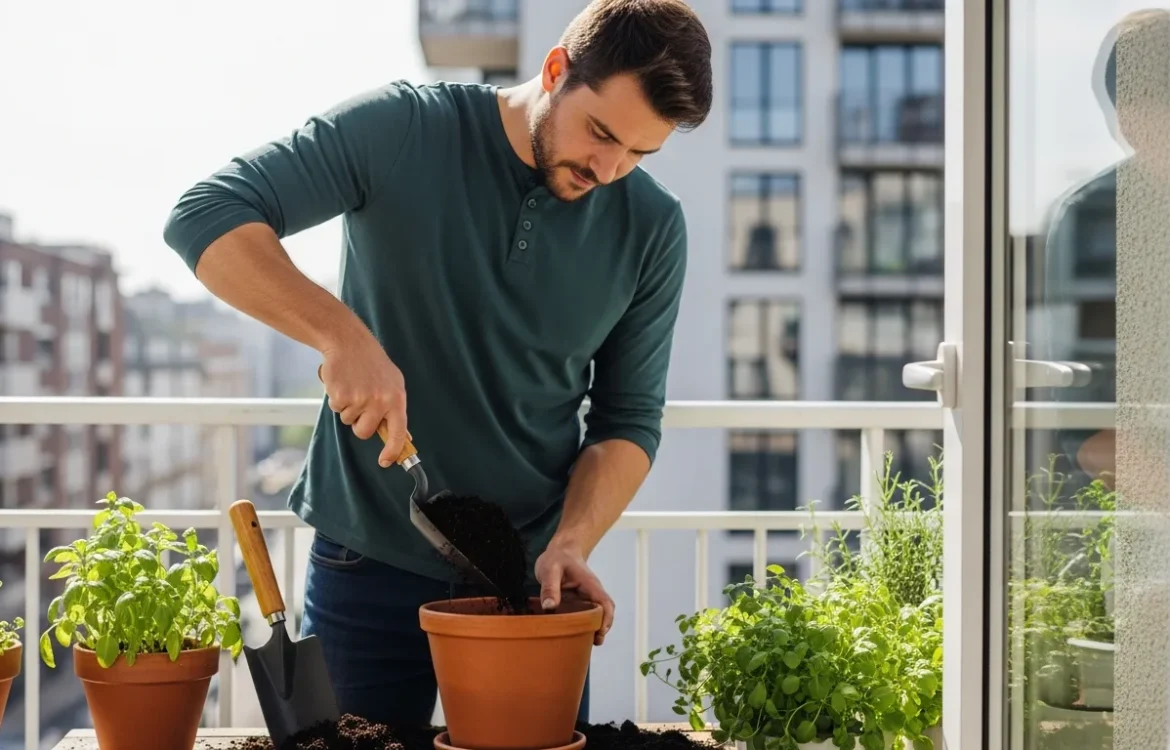 A man using the best potting soil for apartment container gardening on a sunny balcony.