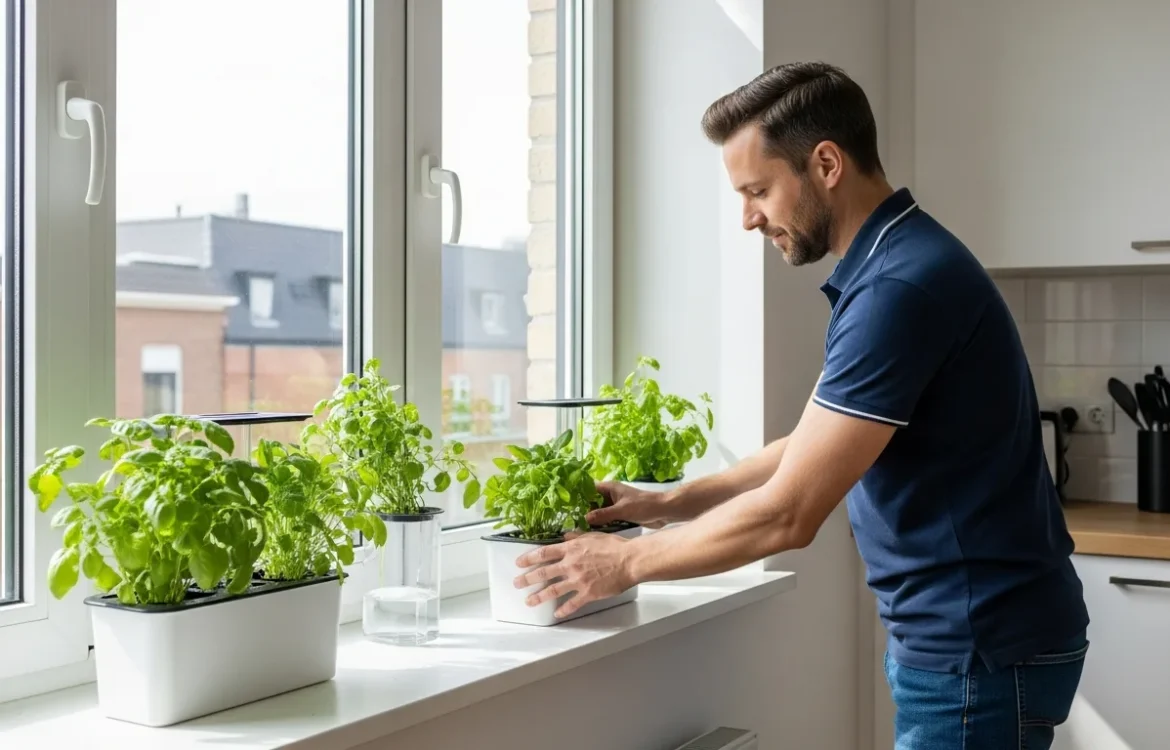 A collection of thriving indoor plants in the best self watering pots for renters on a bright apartment windowsill.