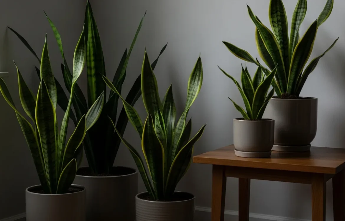 A collection of the best snake plants for low light apartments arranged in a cozy, dimly lit modern living room.