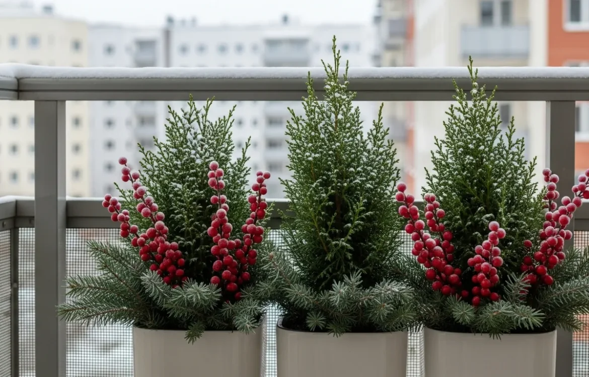 A collection of the best winter plants for apartment balcony spaces, featuring hardy evergreens in decorative pots.