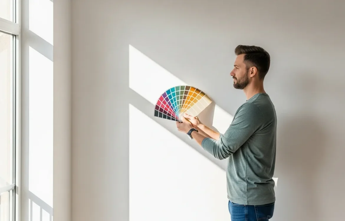 A man comparing paint swatches on a neutral wall, wondering can you paint apartment walls to customize his home.