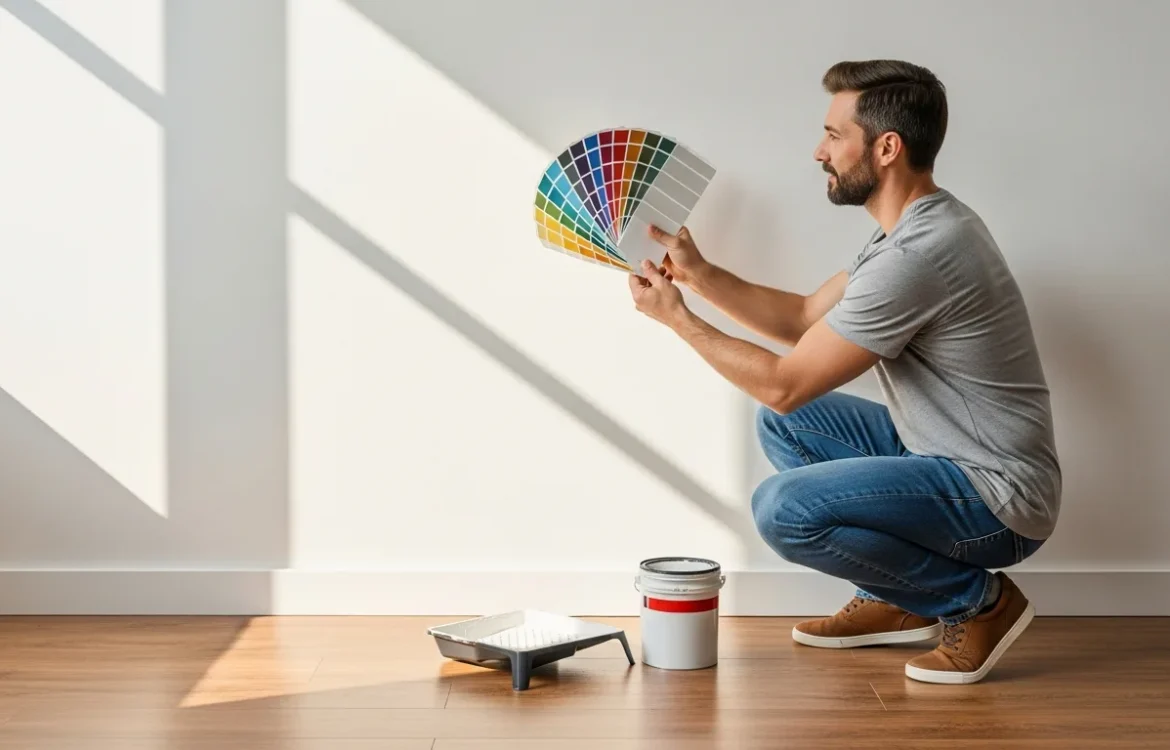 A man holding a paint swatch asks can you paint walls in an apartment while standing in a bright, modern living room.