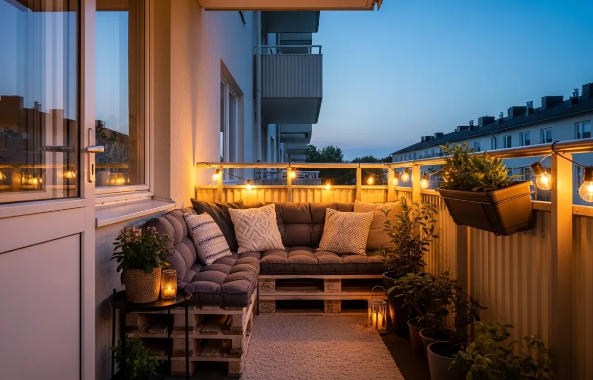 Cozy apartment balcony decor on a budget featuring warm string lights, soft cushions, and potted plants.