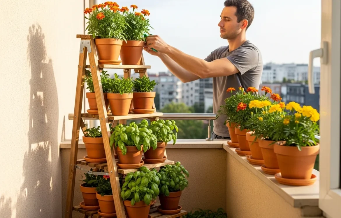A wooden diy ladder planter for small apartment balconies filled with lush green herbs and colorful flowers.