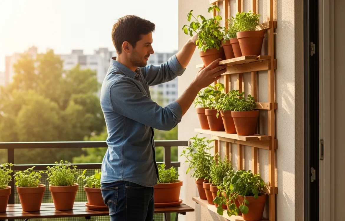 Creative diy vertical garden ideas for apartment balcony with potted herbs on a wooden trellis.
