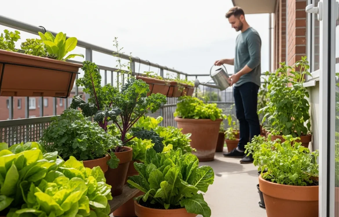 A man watering leafy greens and herbs, some of the easy vegetables to grow in an apartment, on a sunny balcony.