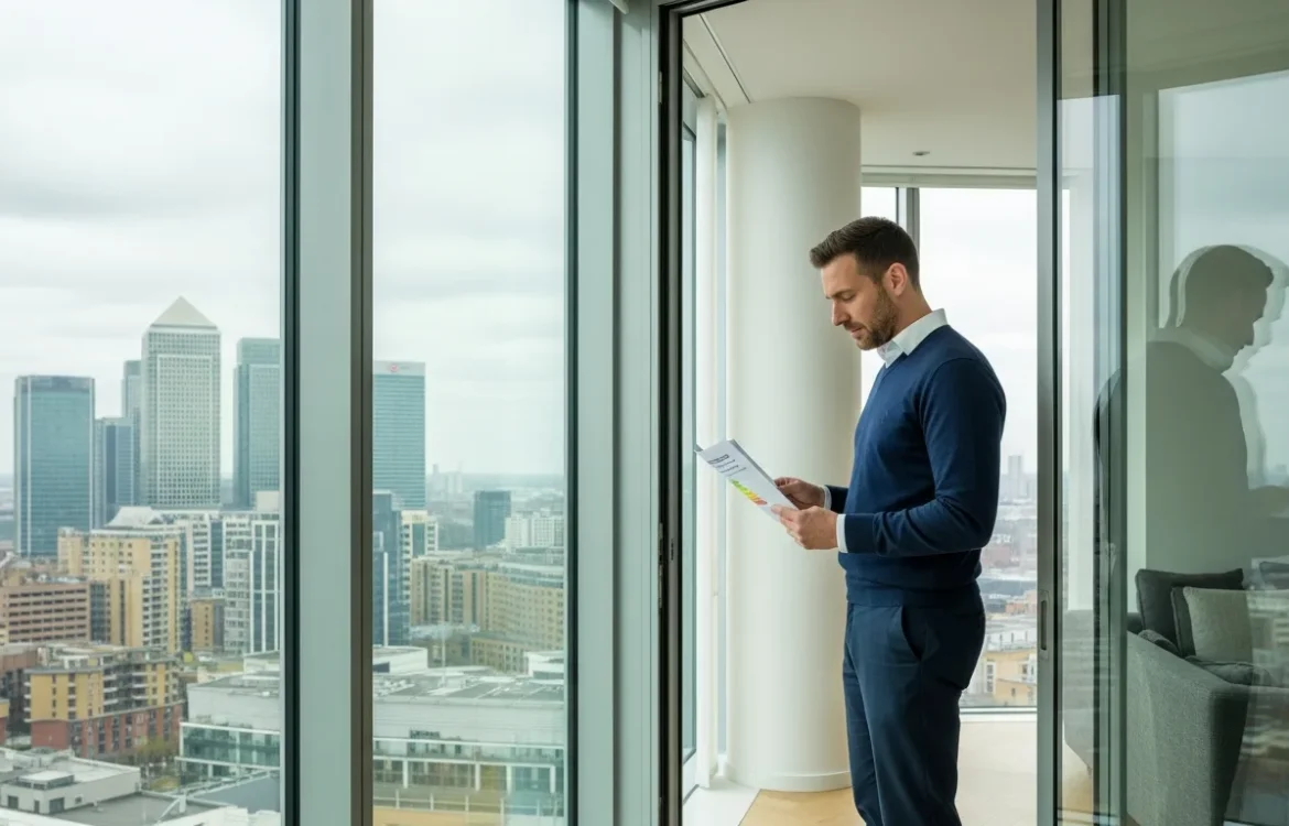 A professional reviewing the epc rating apartment 1407 10 marsh wall london documentation in a high-rise office.